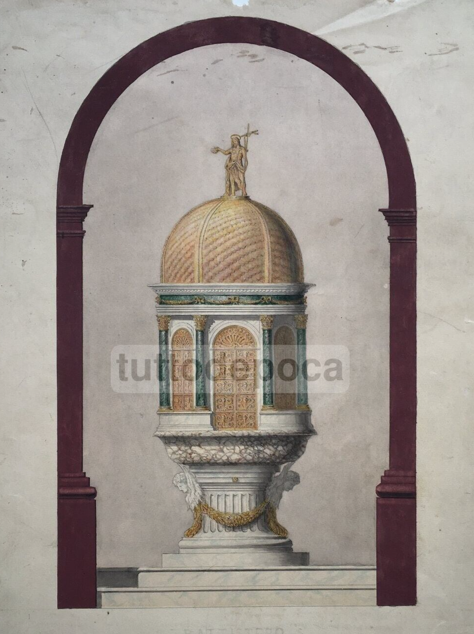 Progetto Di Battistero, Napoli. Antico Disegno Acquarellato Del XIX Secolo