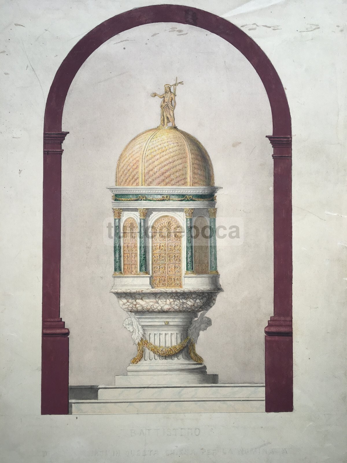 Progetto Di Battistero, Napoli. Antico Disegno Acquarellato Del XIX Secolo