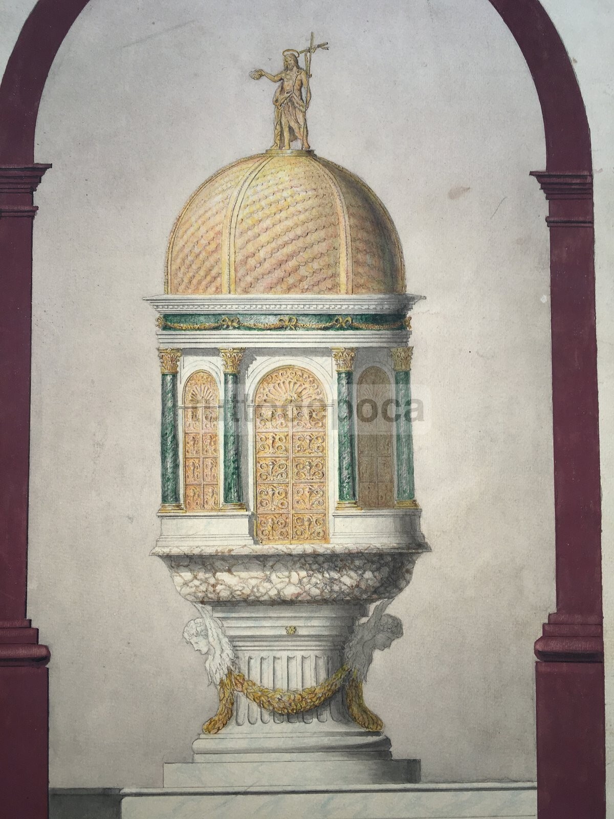 Progetto Di Battistero, Napoli. Antico Disegno Acquarellato Del XIX Secolo