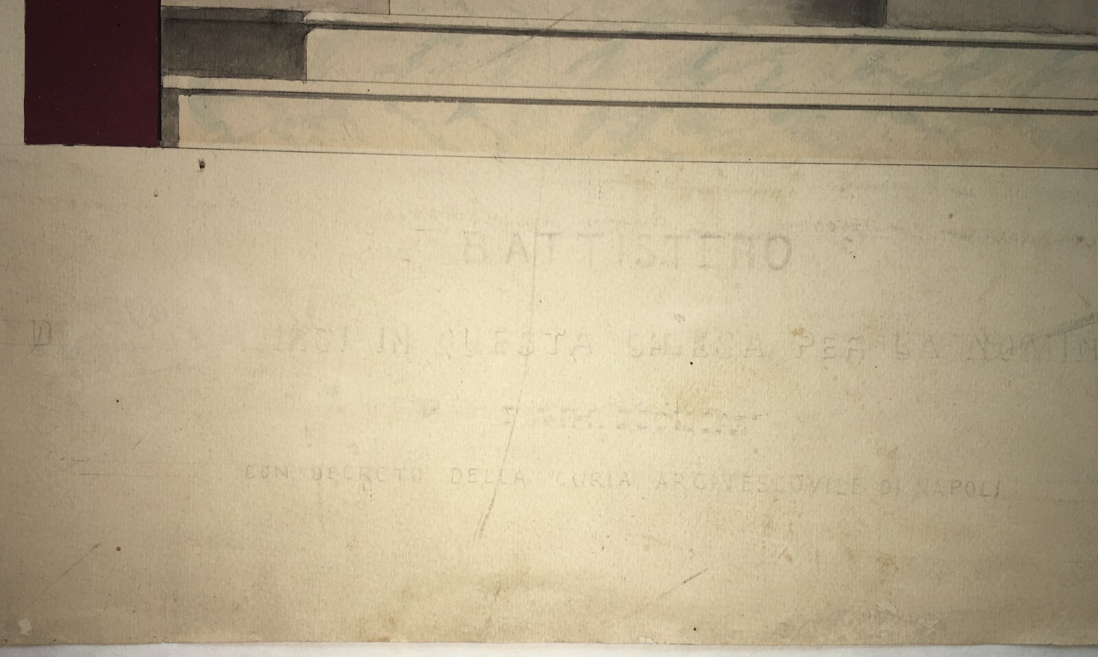 Progetto Di Battistero, Napoli. Antico Disegno Acquarellato Del XIX Secolo