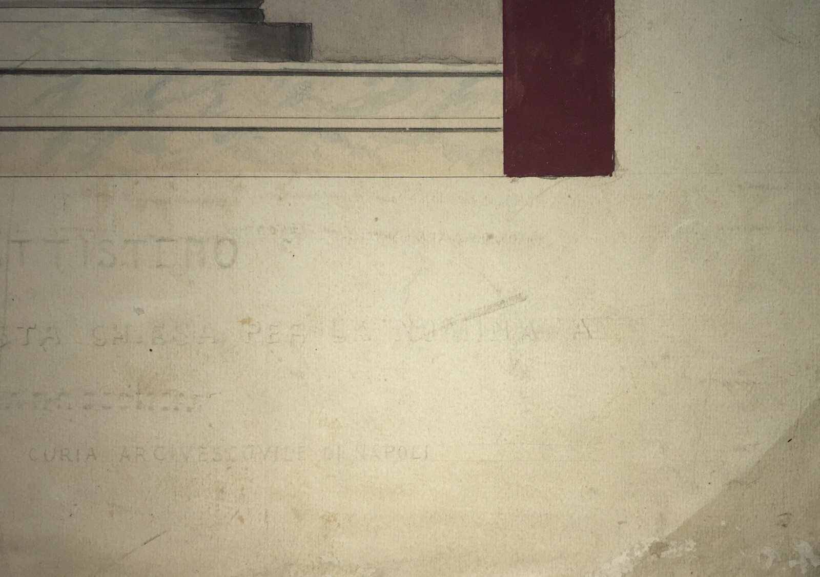 Progetto Di Battistero, Napoli. Antico Disegno Acquarellato Del XIX Secolo