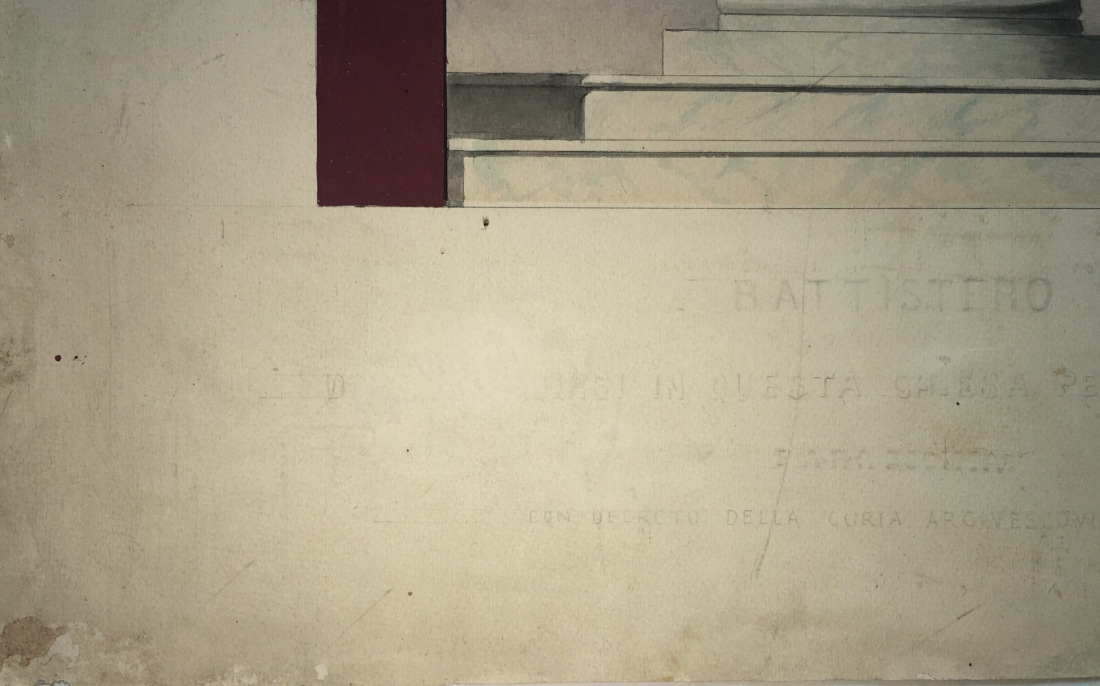 Progetto Di Battistero, Napoli. Antico Disegno Acquarellato Del XIX Secolo
