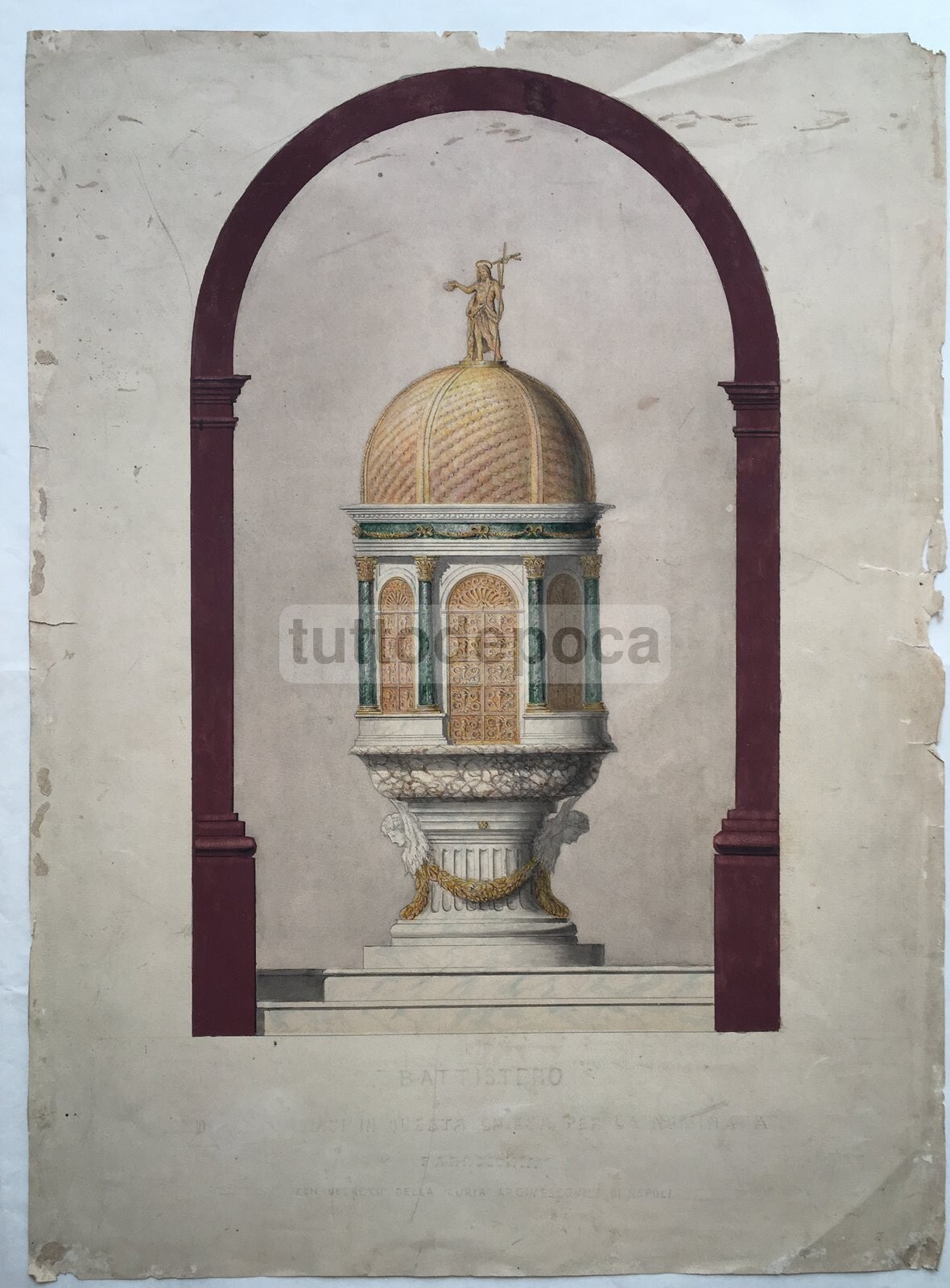 Progetto Di Battistero, Napoli. Antico Disegno Acquarellato Del XIX Secolo