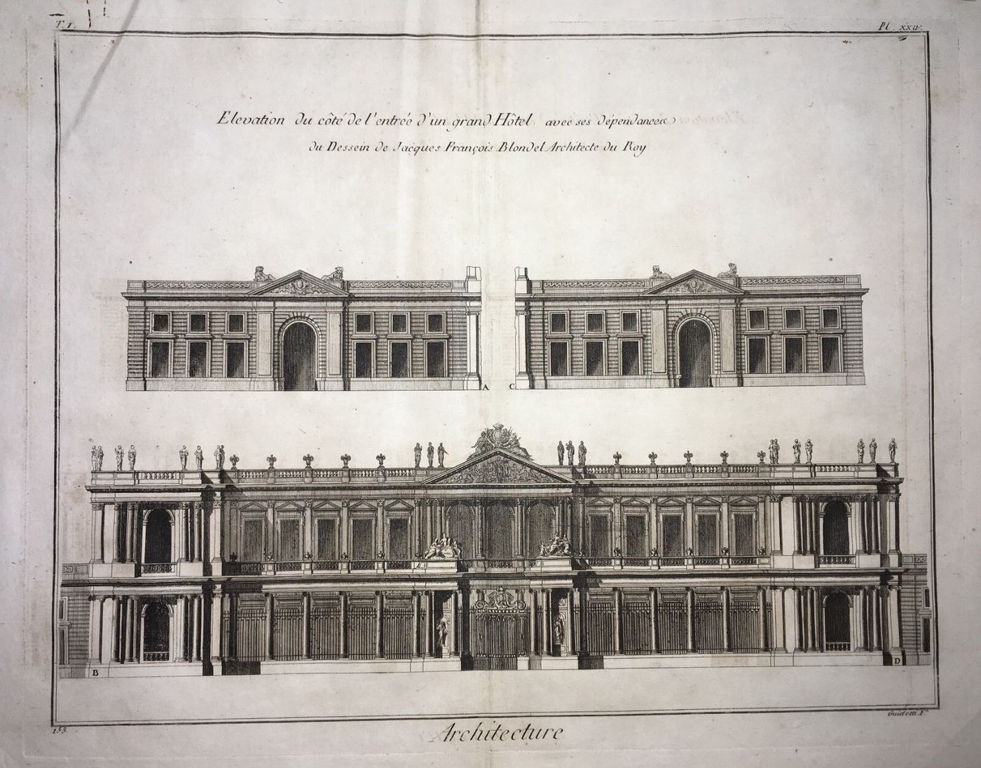 Architettura: Antica Prospettiva Di Un Grand Hotel Di Jacques Francois Blondel, Incisione Guidotti