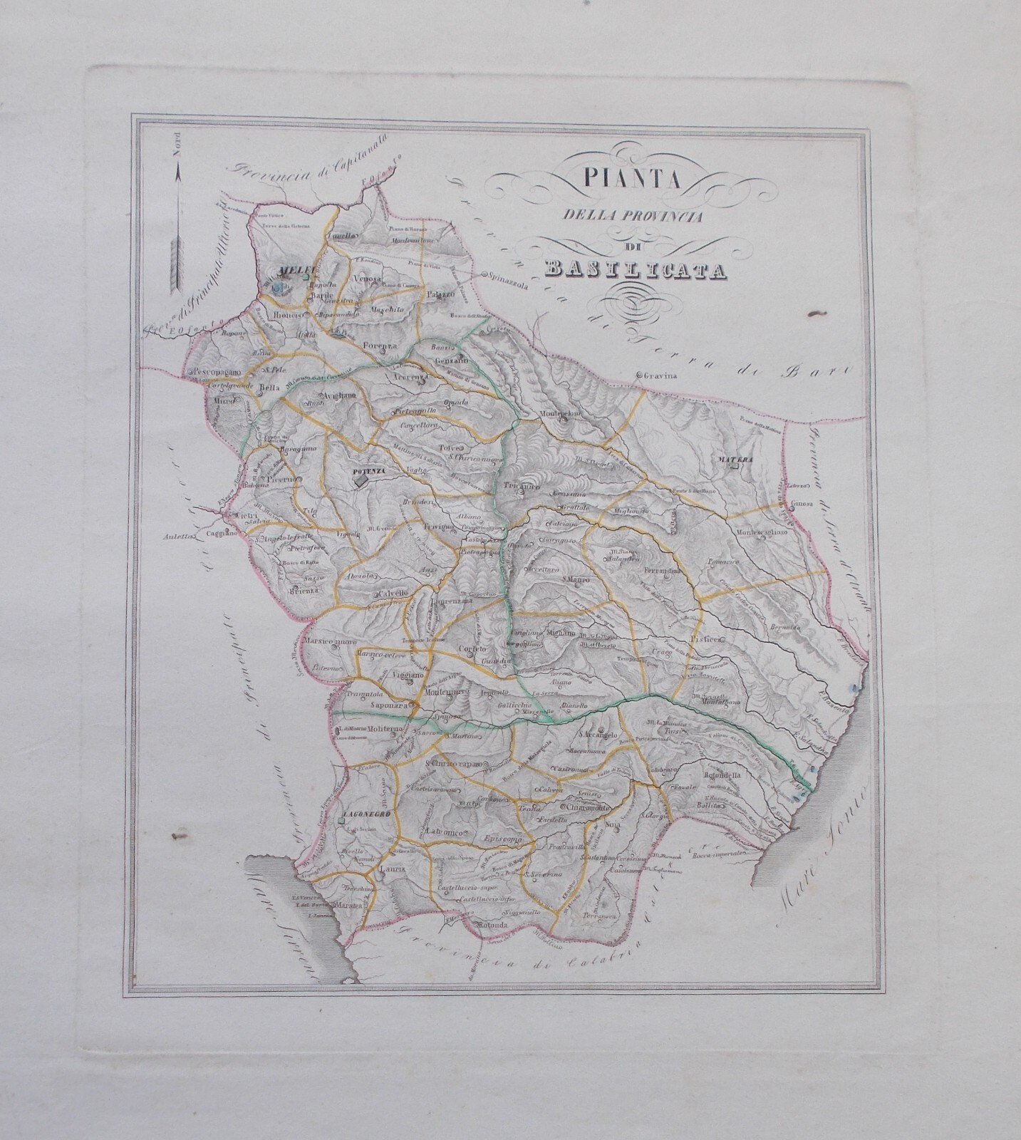 Antica Cartografia: Basilicata, Lucania, Potenza, Matera. Mappa Geografica Di De Sanctis.