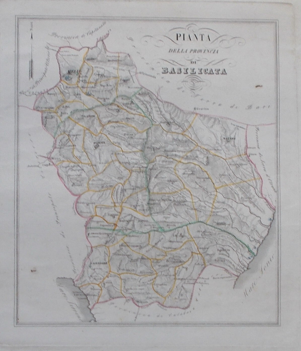 Antica Cartografia: Basilicata, Lucania, Potenza, Matera. Mappa Geografica Di De Sanctis.
