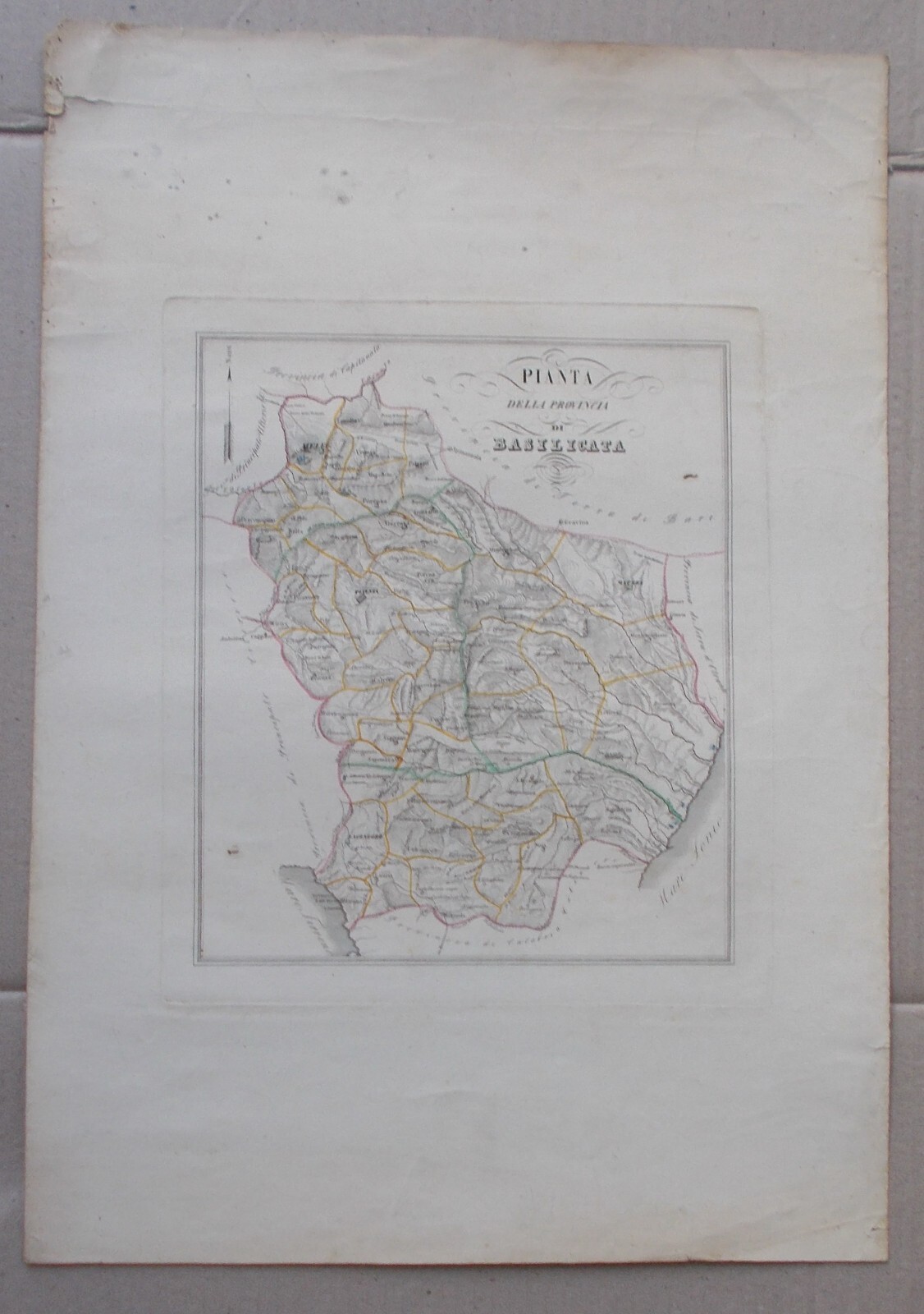 Antica Cartografia: Basilicata, Lucania, Potenza, Matera. Mappa Geografica Di De Sanctis.