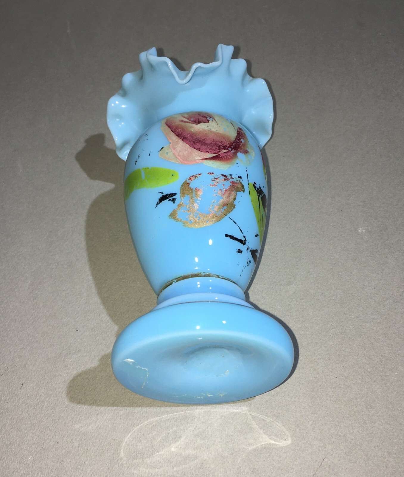 Decorativo Soprammobile Antico: Vasetto Portafiori In Opaline Celeste, Decoro Liberty