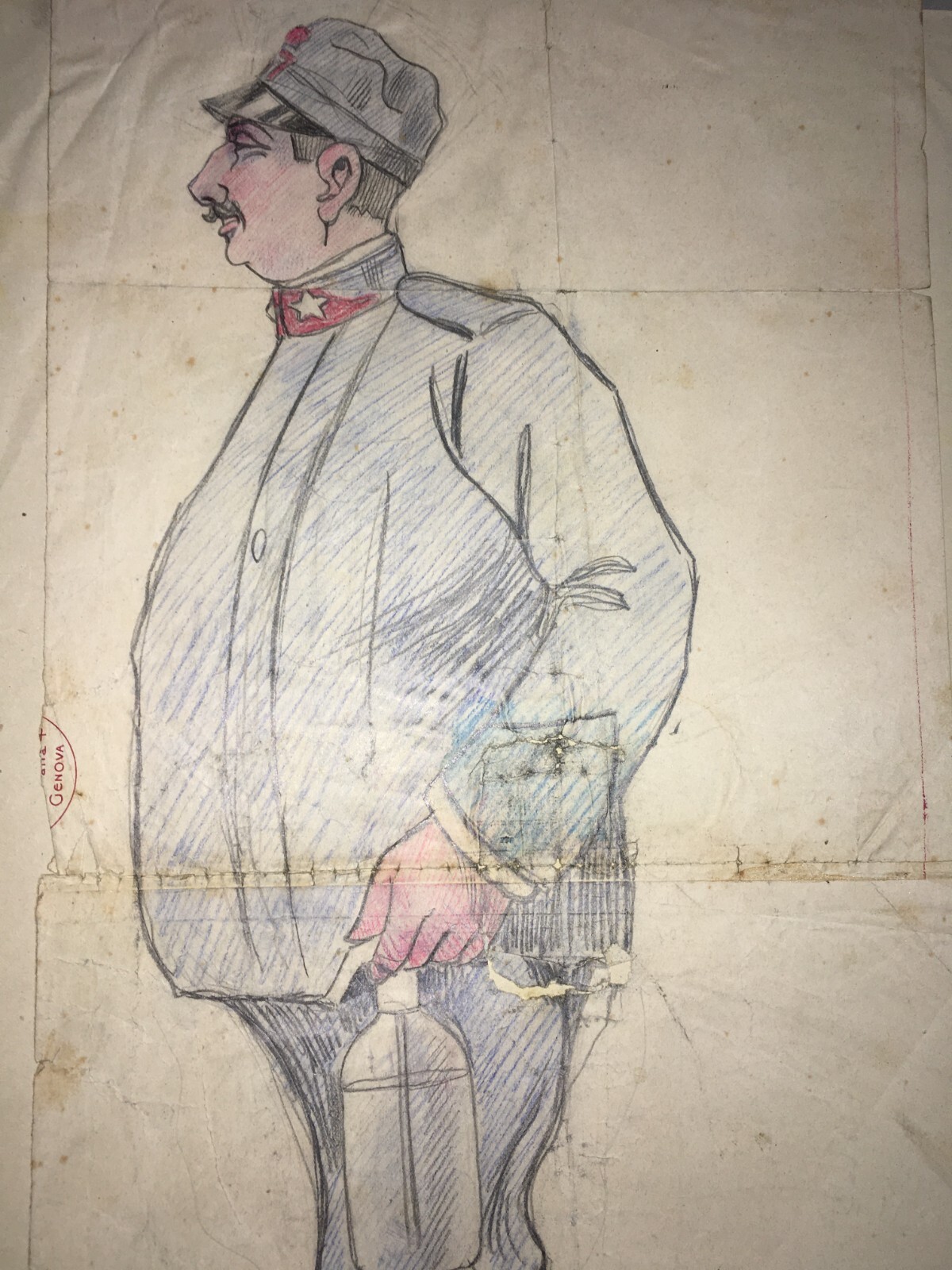Arte, Caricatura E Militaria: Raro Grande Disegno Caricaturale Di Adolfo Dondero, Genova