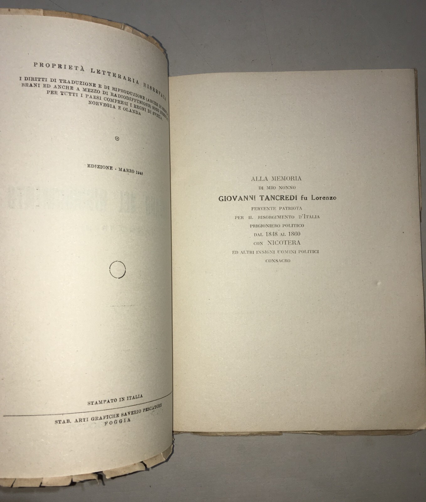 Risorgimento Storia Locale Puglia Gargano Tancredi Rara Edizione Originale 1948