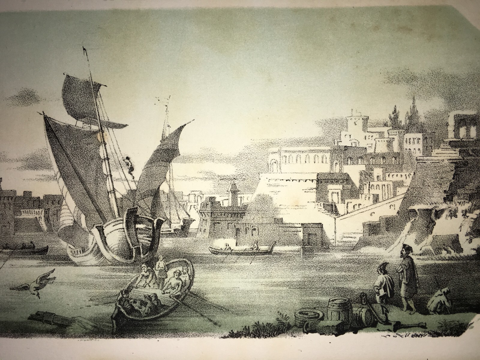 Malta, Forte Sant'Elmo, Pescatori. Animata Antica Veduta Architettonica. Litografia Del XIX Secolo.