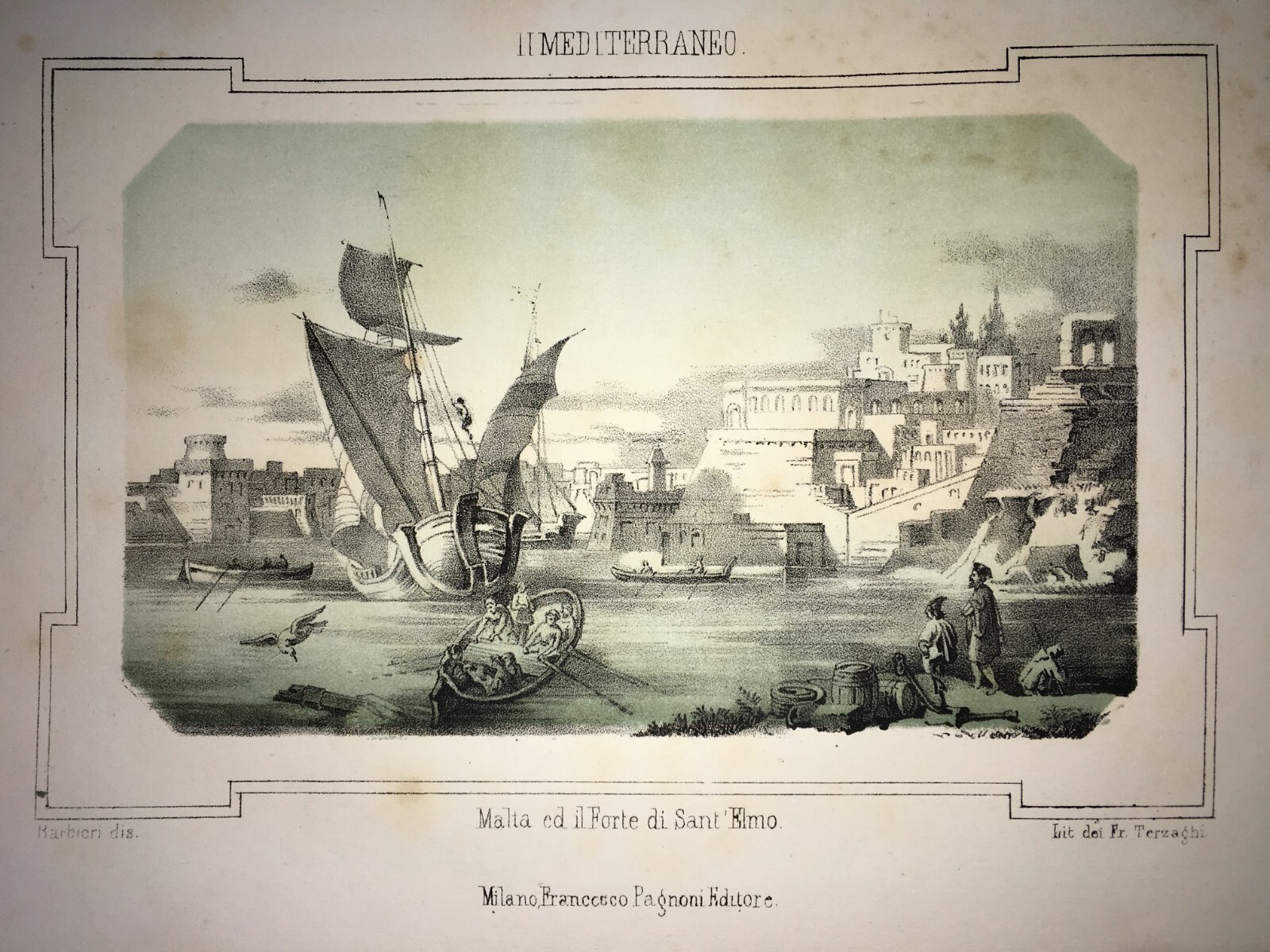 Malta, Forte Sant'Elmo, Pescatori. Animata Antica Veduta Architettonica. Litografia Del XIX Secolo.