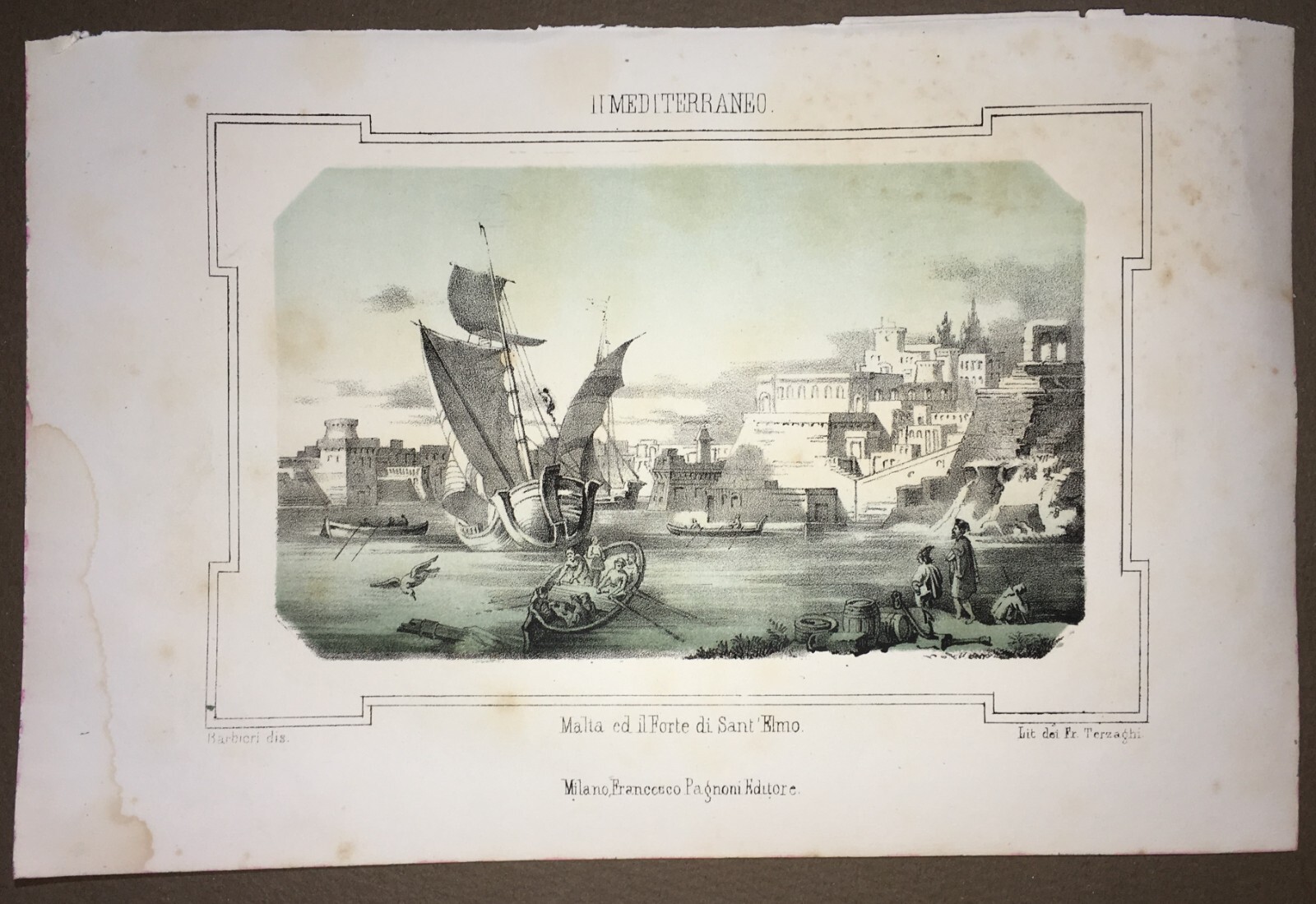 Malta, Forte Sant'Elmo, Pescatori. Animata Antica Veduta Architettonica. Litografia Del XIX Secolo.
