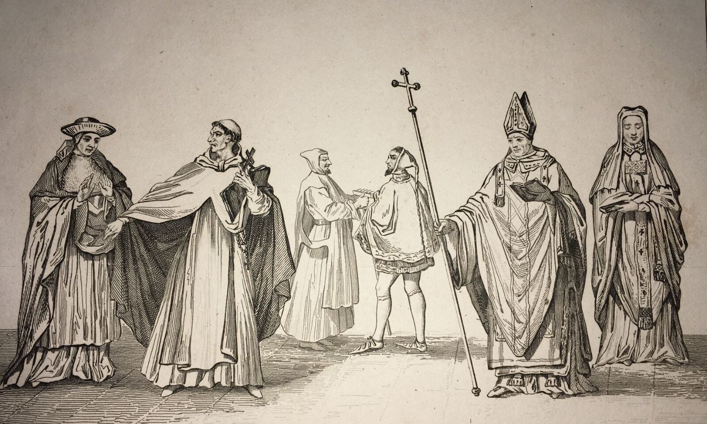 Costumi Italiani: Religiosi, Frate, Vescovo. Antica Incisione Rouargue, XIX Secolo