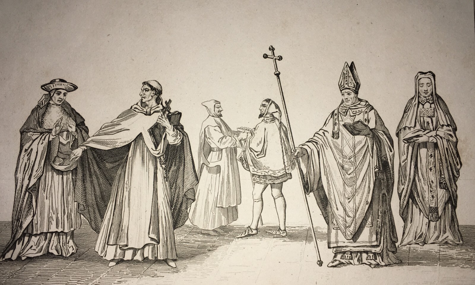 Costumi Italiani: Religiosi, Frate, Vescovo. Antica Incisione Rouargue, XIX Secolo