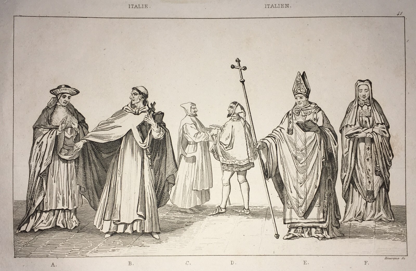 Costumi Italiani: Religiosi, Frate, Vescovo. Antica Incisione Rouargue, XIX Secolo