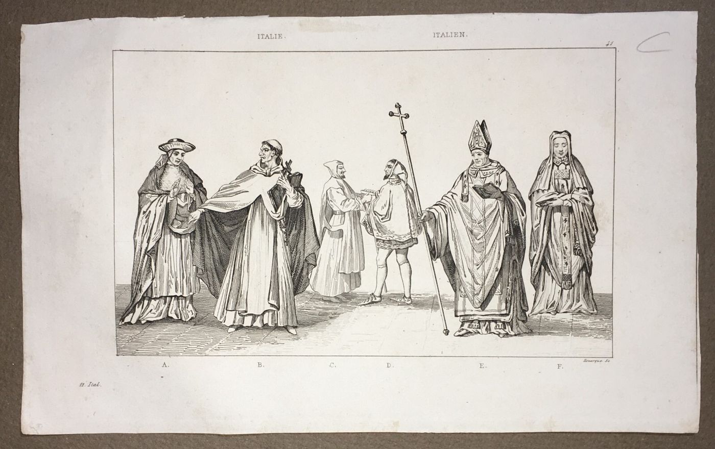 Costumi Italiani: Religiosi, Frate, Vescovo. Antica Incisione Rouargue, XIX Secolo