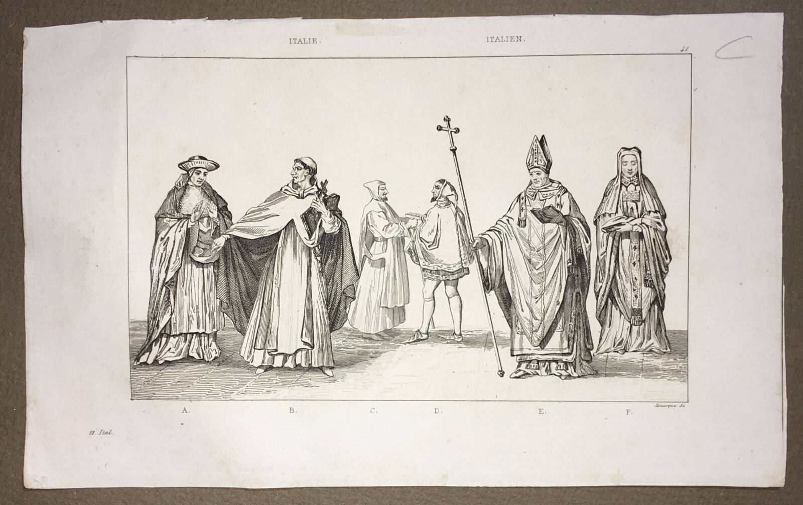 Costumi Italiani: Religiosi, Frate, Vescovo. Antica Incisione Rouargue, XIX Secolo