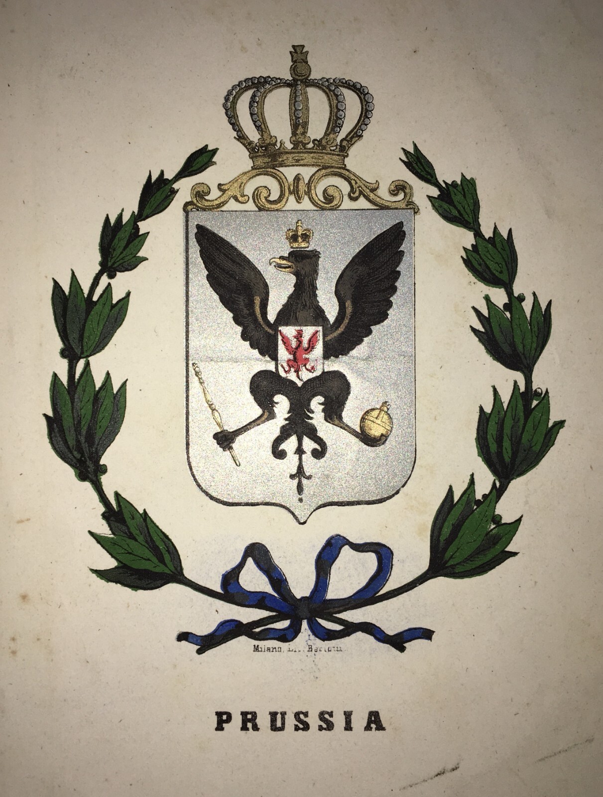 Araldica. Antico Stemma Allegorico. Litografia A Colori. Bertotti. Prussia, XIX Secolo.