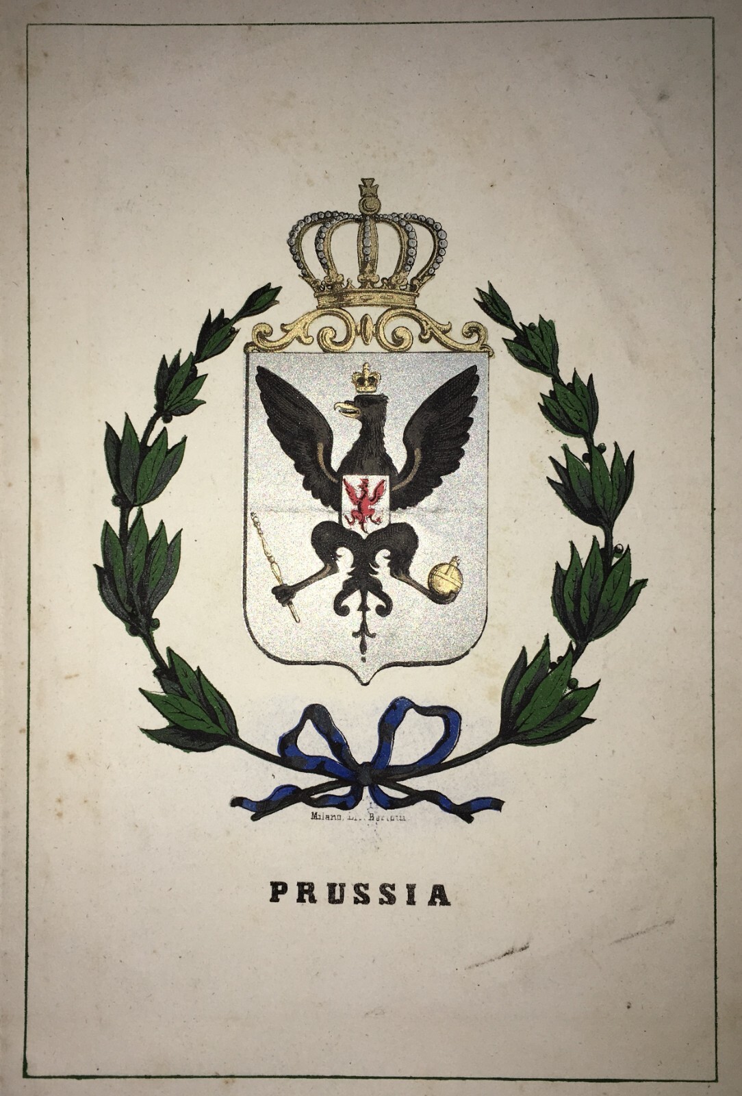Araldica. Antico Stemma Allegorico. Litografia A Colori. Bertotti. Prussia, XIX Secolo.