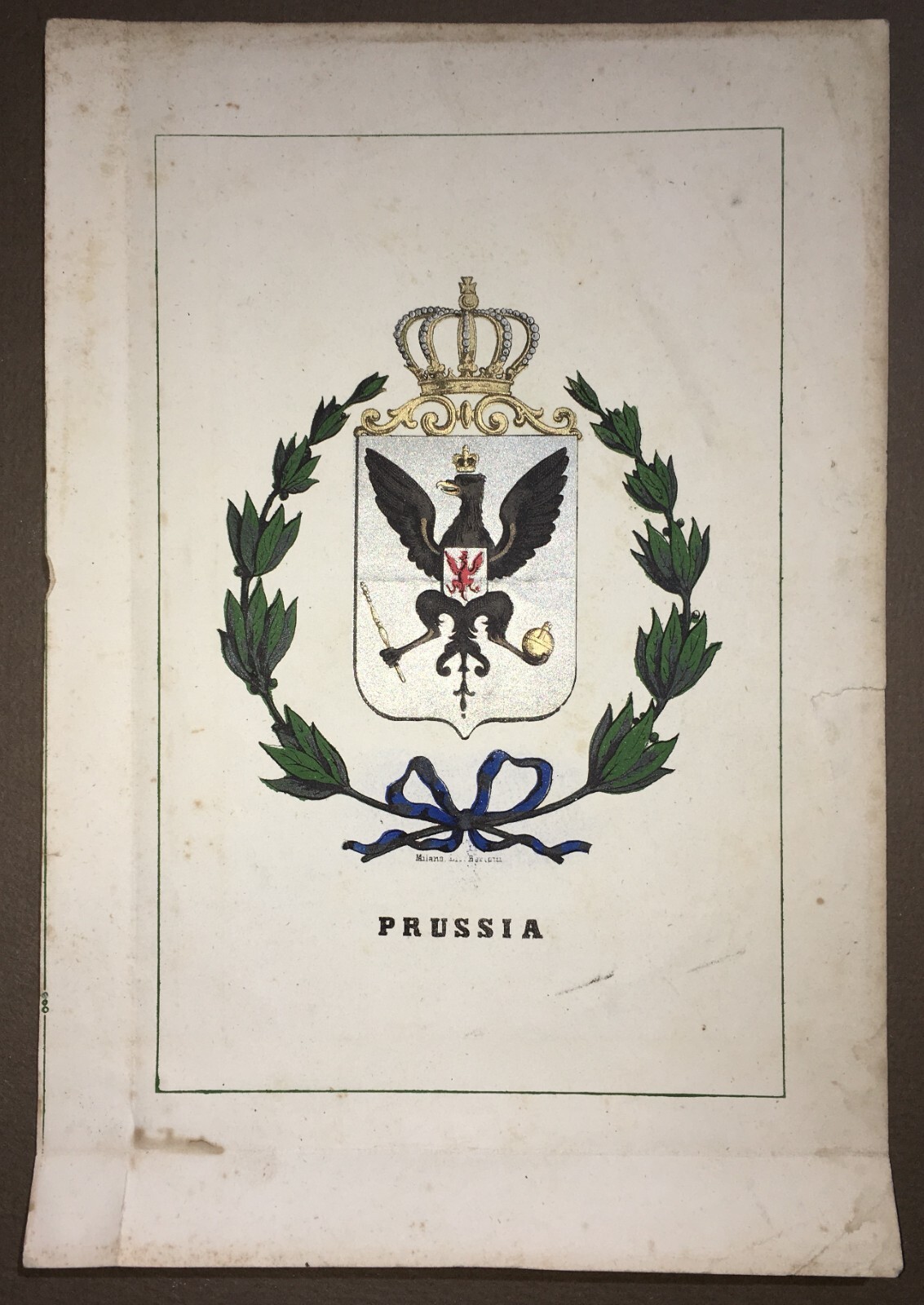 Araldica. Antico Stemma Allegorico. Litografia A Colori. Bertotti. Prussia, XIX Secolo.