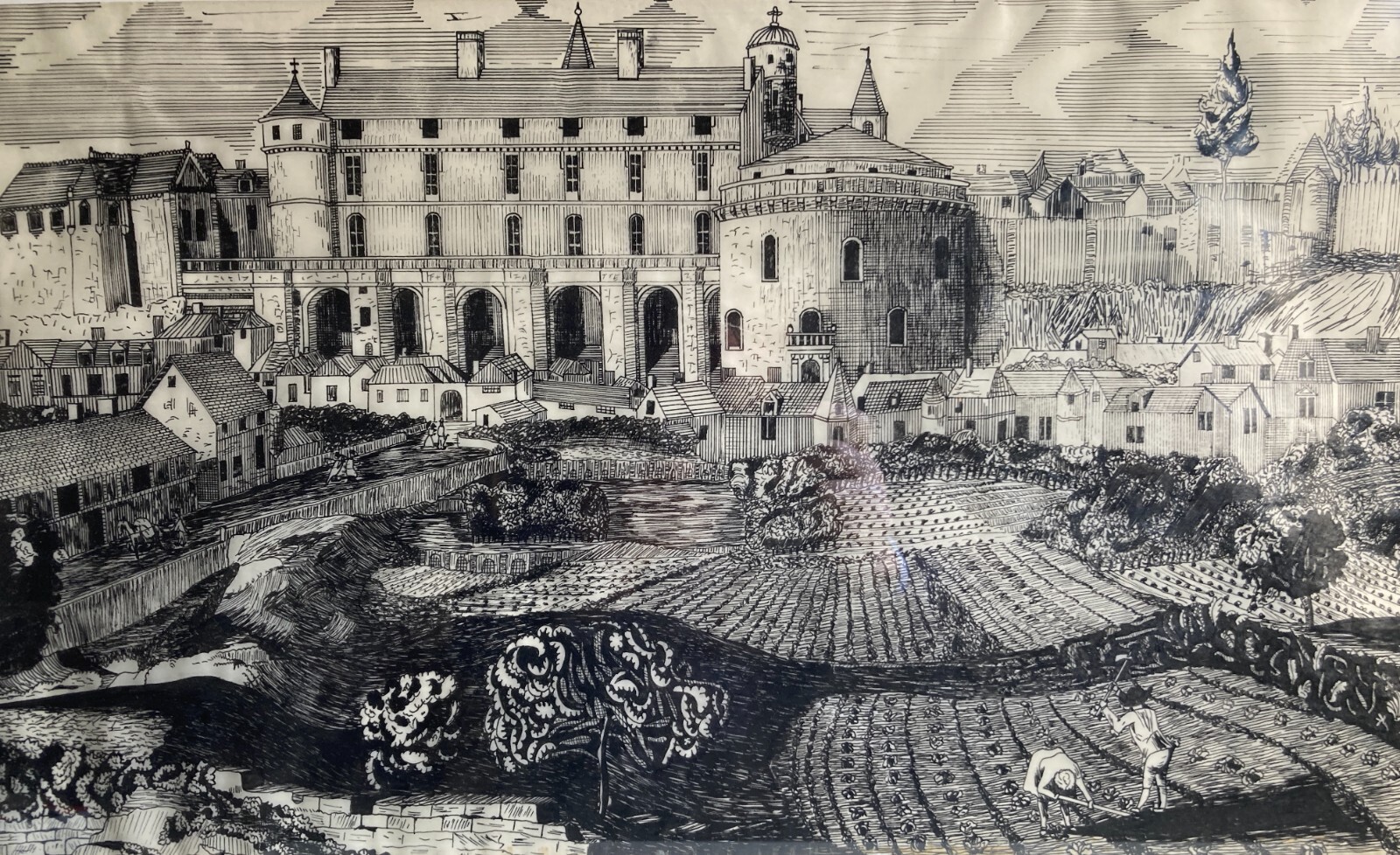 Arte, Architettura, Animata Veduta Panoramica: Palazzi, Contadini, Artista Giorgio Zattel