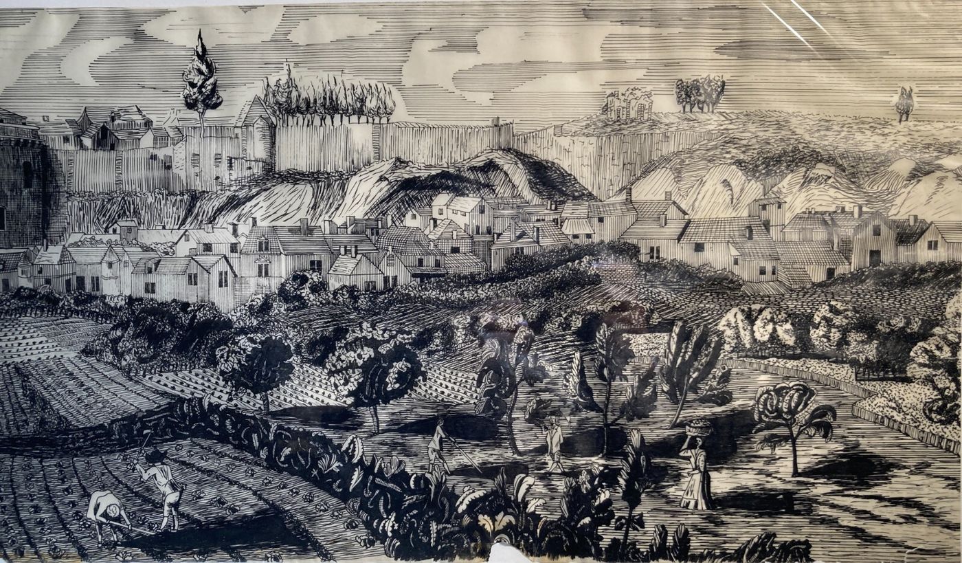 Arte, Architettura, Animata Veduta Panoramica: Palazzi, Contadini, Artista Giorgio Zattel