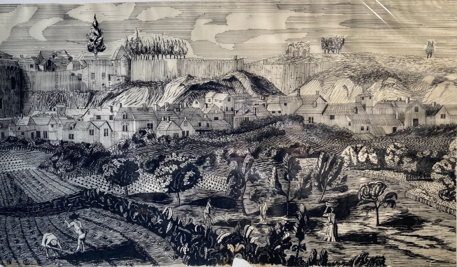 Arte, Architettura, Animata Veduta Panoramica: Palazzi, Contadini, Artista Giorgio Zattel