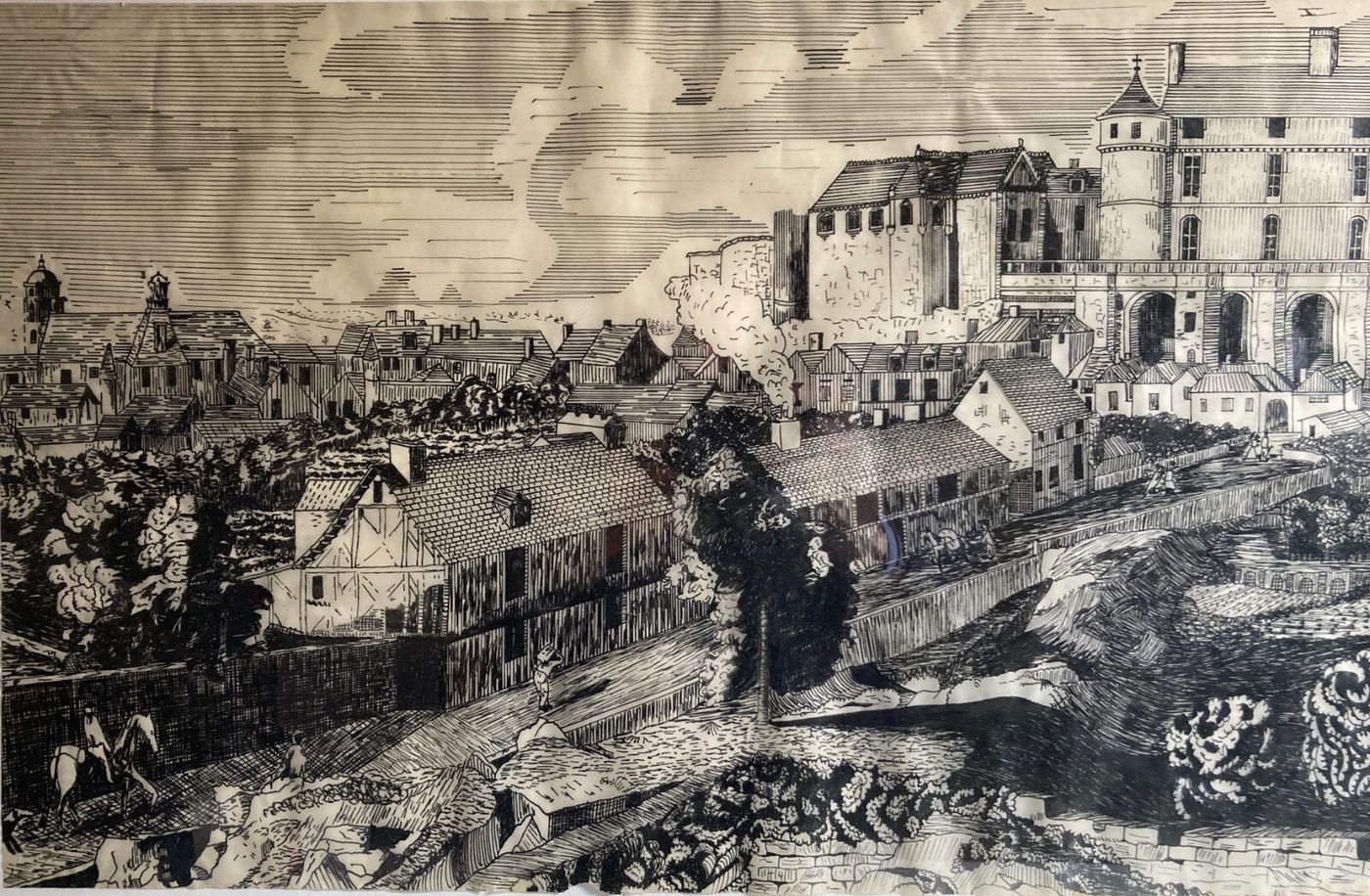 Arte, Architettura, Animata Veduta Panoramica: Palazzi, Contadini, Artista Giorgio Zattel