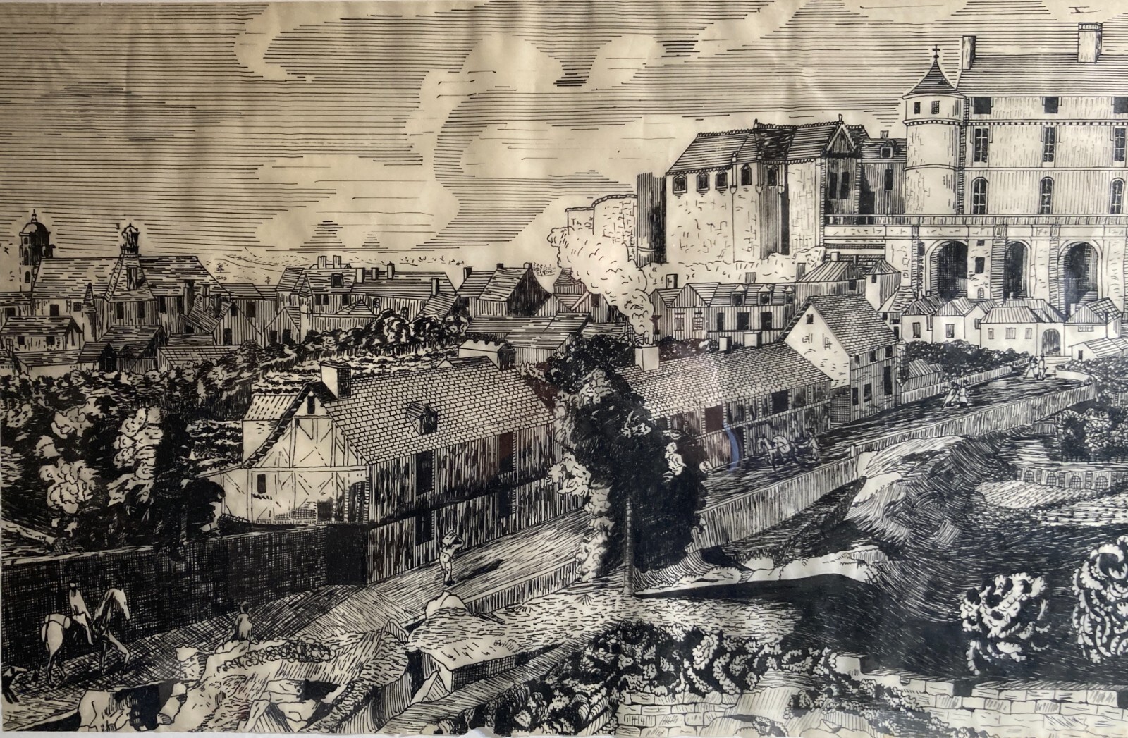 Arte, Architettura, Animata Veduta Panoramica: Palazzi, Contadini, Artista Giorgio Zattel