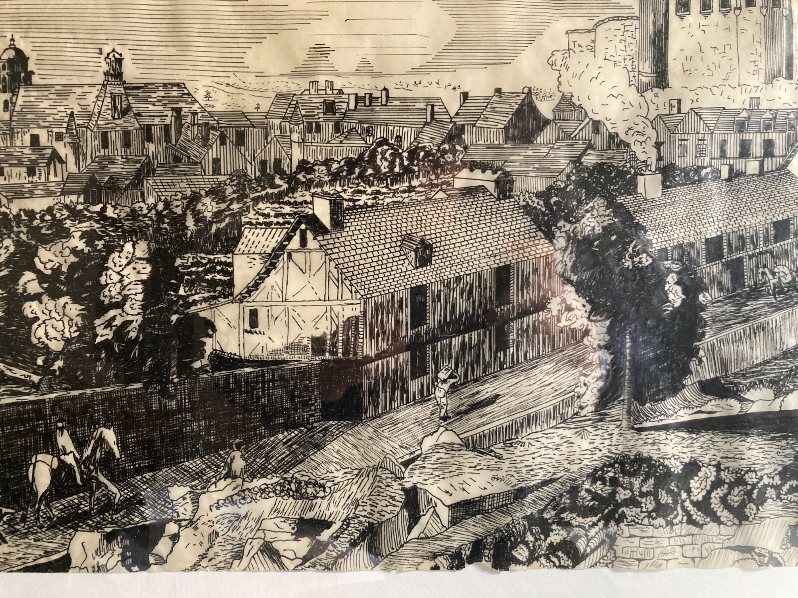 Arte, Architettura, Animata Veduta Panoramica: Palazzi, Contadini, Artista Giorgio Zattel