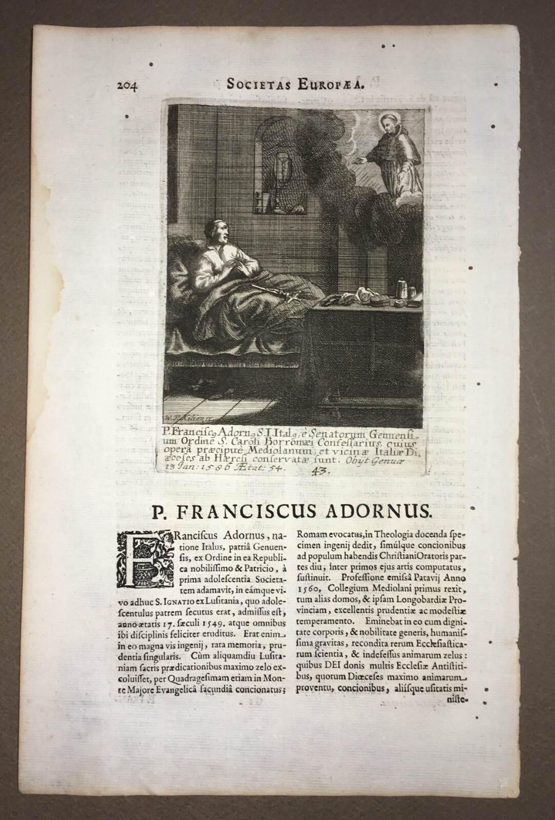 Gesuiti Celebri: Francesco Adorno. Genova, Liguria. Carlo Borromeo. Antica Incisione
