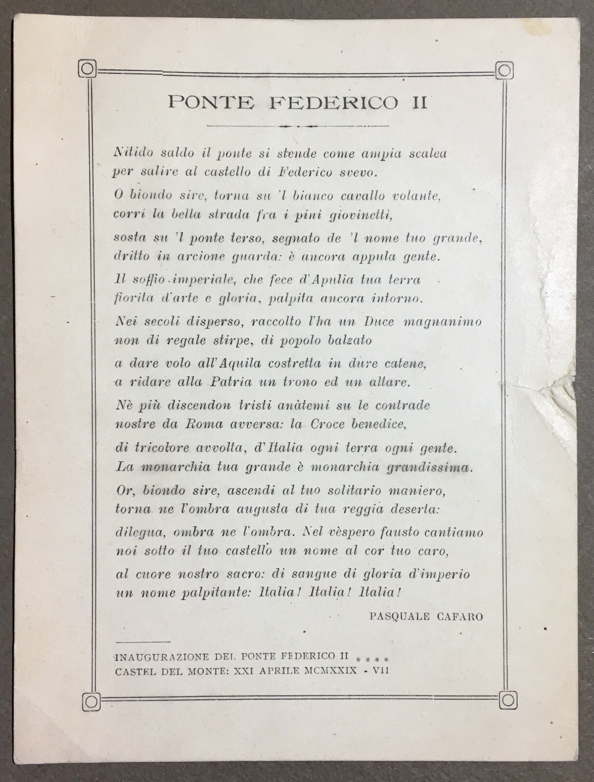 Puglia: Castel Del Monte. Edizione Illustrata. Pasquale Cafaro. Con Dedica Autografa. 1937.