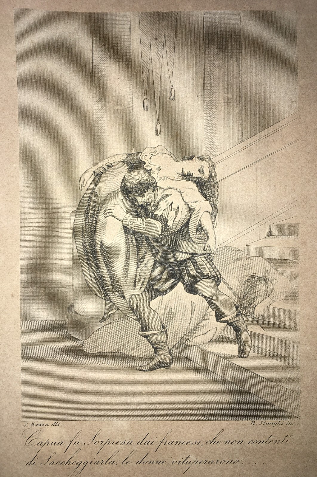 Capua: Saccheggio Dei Francesi E Ratto Delle Donne. Antica Stampa Di Mazza E Stanghi