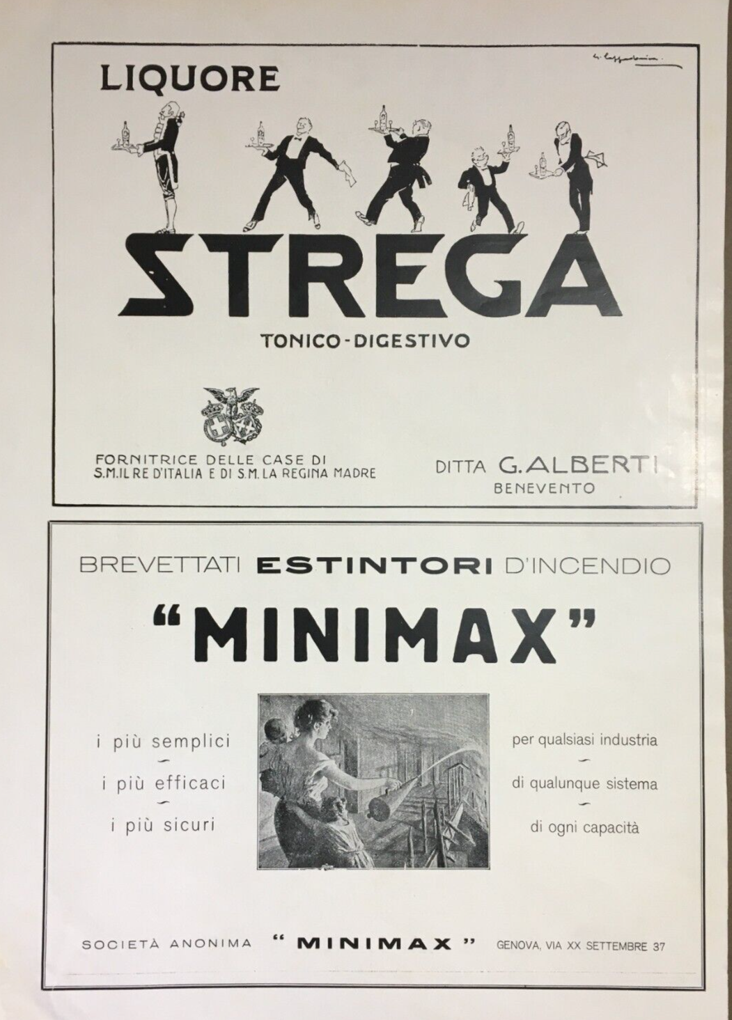 Automobili, Motori, Lancia Lambda, Liquore Strega, Estintori Minimax, Incendio: Stampa Pubblicitaria