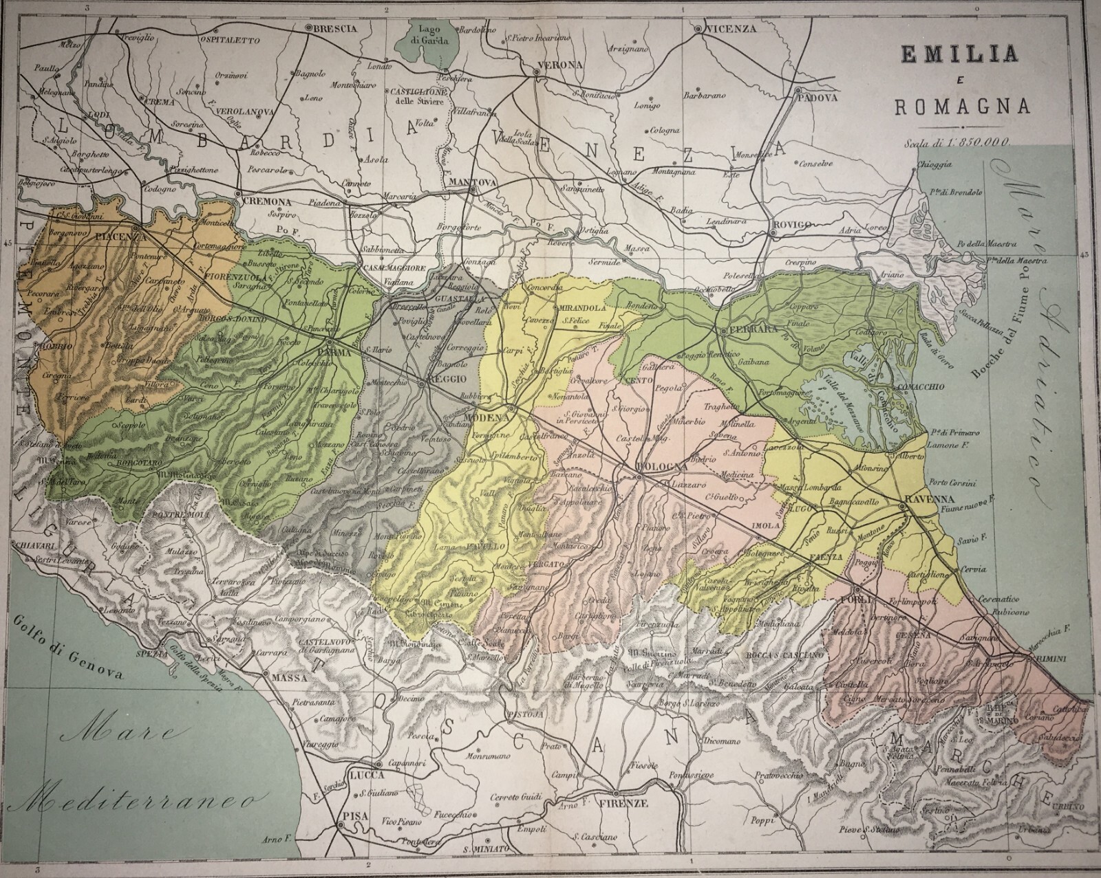 Emilia Romagna: Antica Mappa Cartografica Vallardi Con Province Colorate
