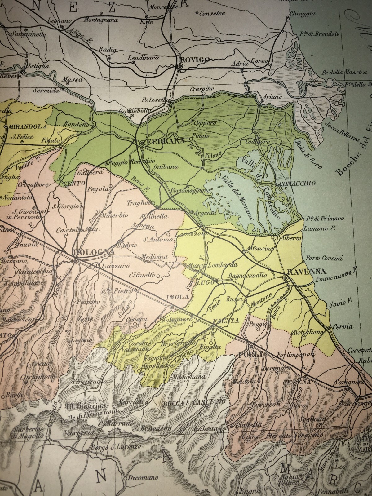 Emilia Romagna: Antica Mappa Cartografica Vallardi Con Province Colorate