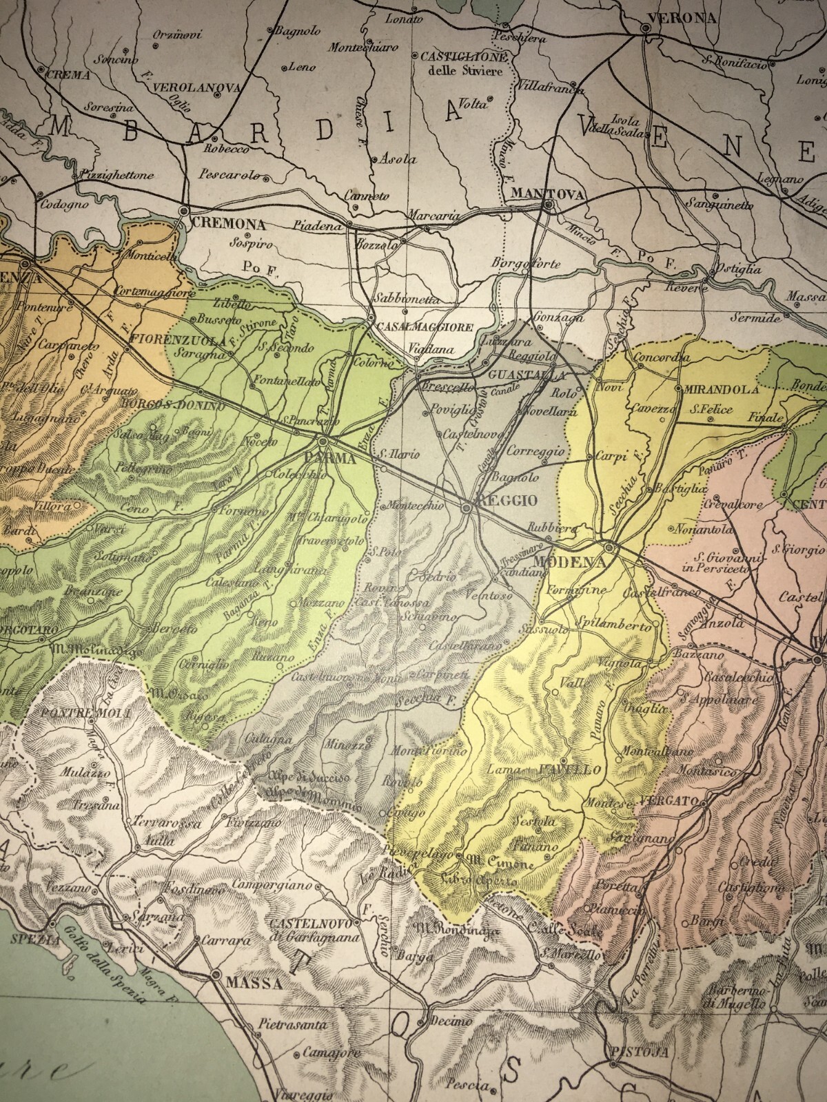 Emilia Romagna: Antica Mappa Cartografica Vallardi Con Province Colorate