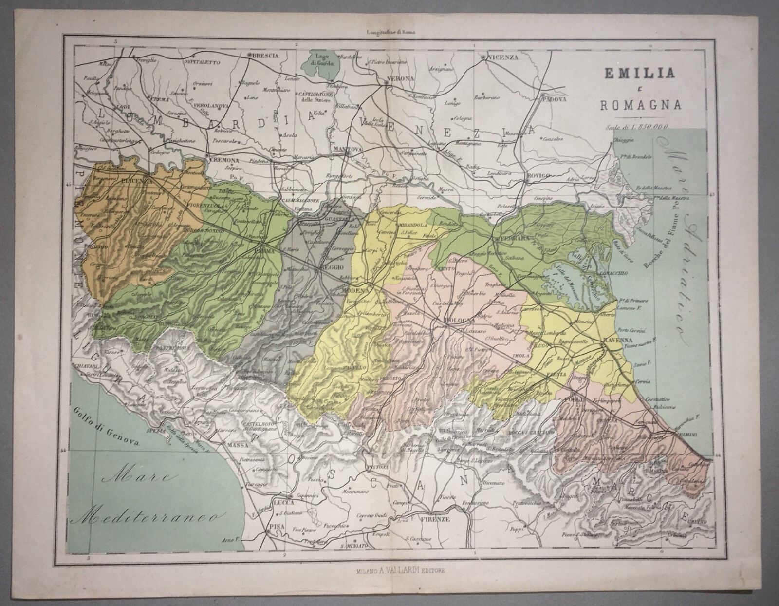 Emilia Romagna: Antica Mappa Cartografica Vallardi Con Province Colorate