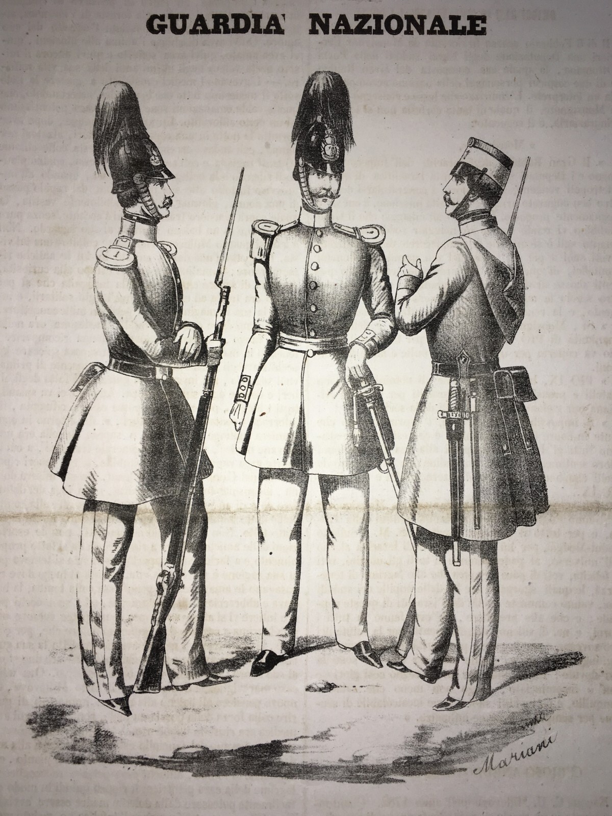 Militaria, Risorgimento: Guardia Nazionale, Tre Soldati In Uniforme, Litografia Del XIX Secolo
