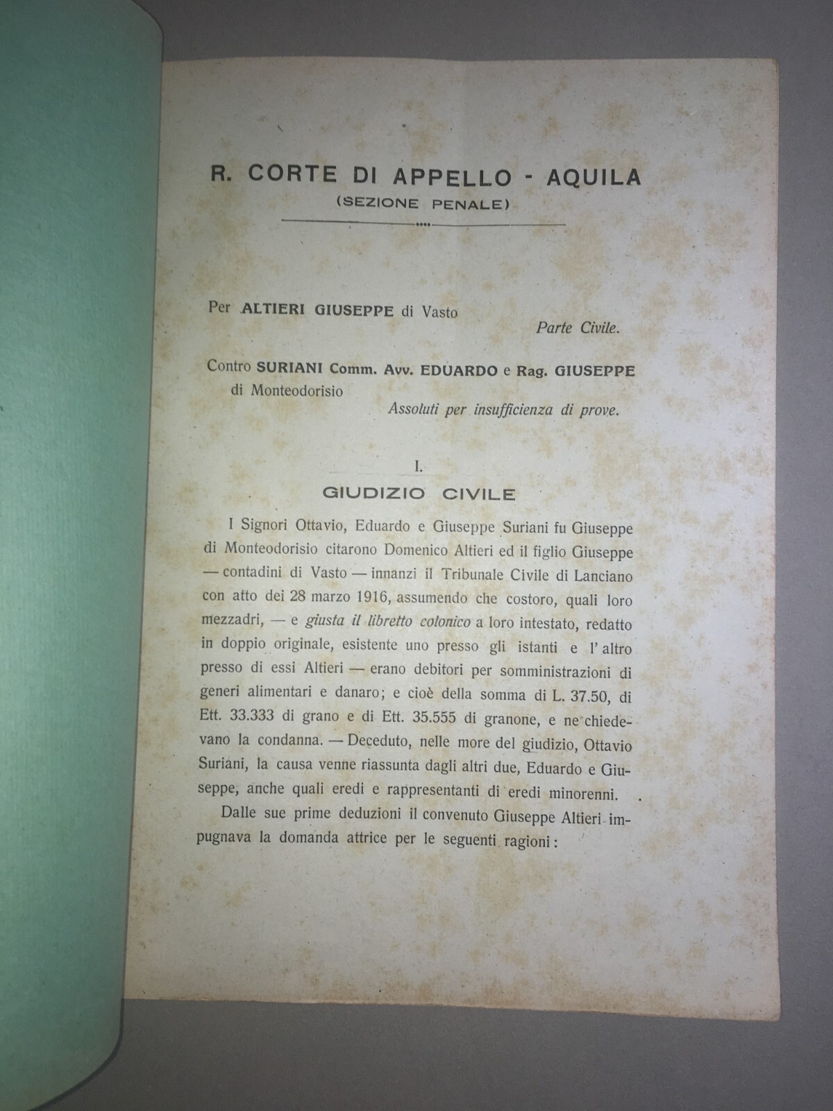 Giuridica, Abruzzo, Vasto, Monteodorisio: Antica Allegazione Altieri Suriani, 1928