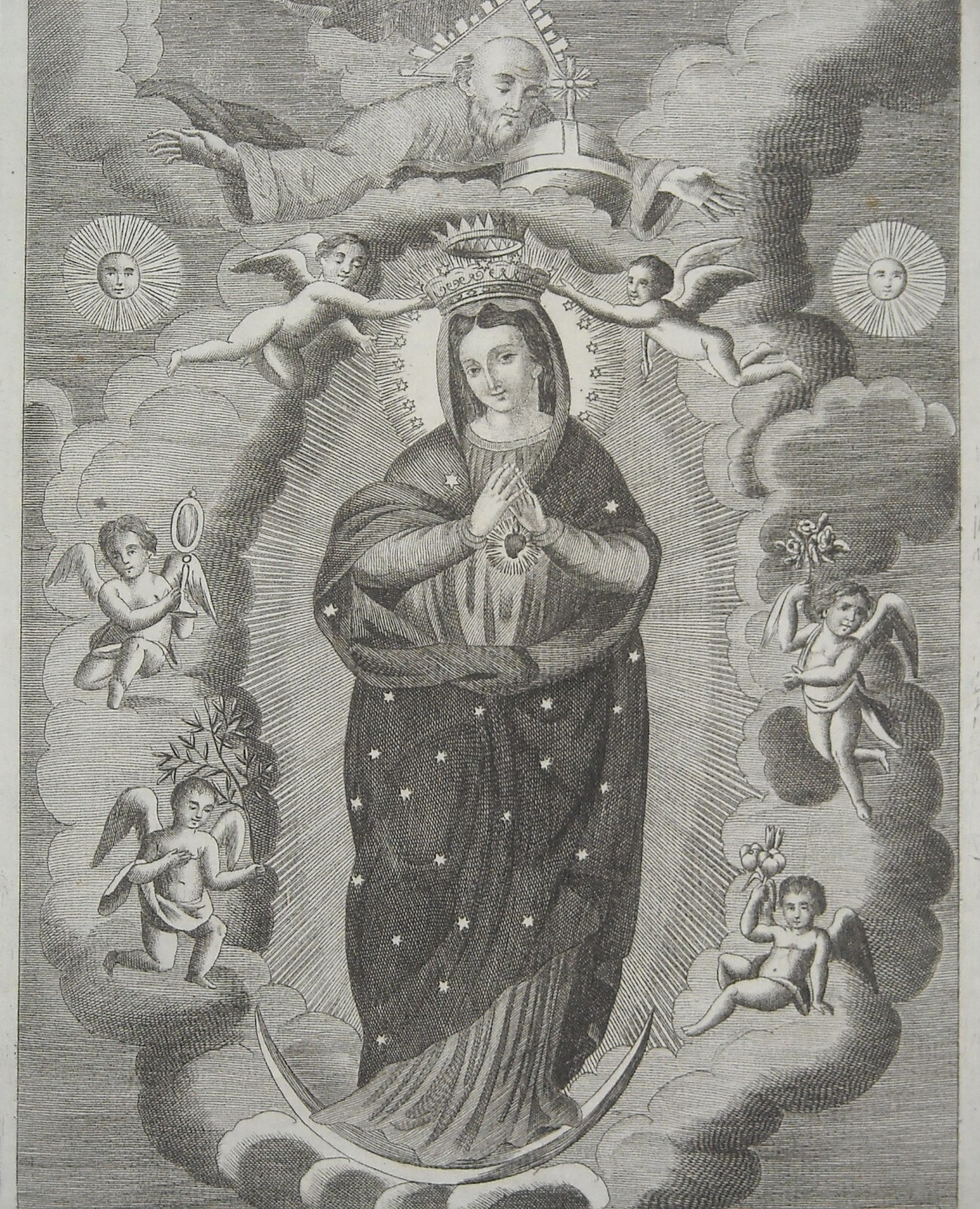 Antica Stampa Popolare Devozionale: Madonna Immacolata, Giacchetto, Padri Cassinesi