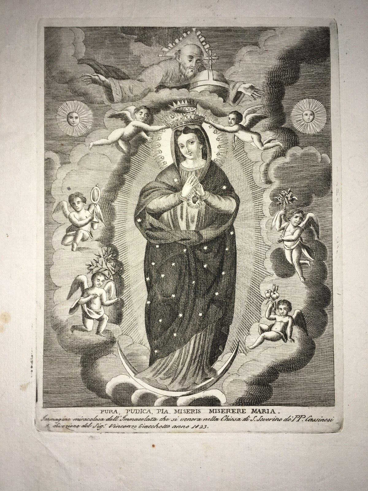 Antica Stampa Popolare Devozionale: Madonna Immacolata, Giacchetto, Padri Cassinesi