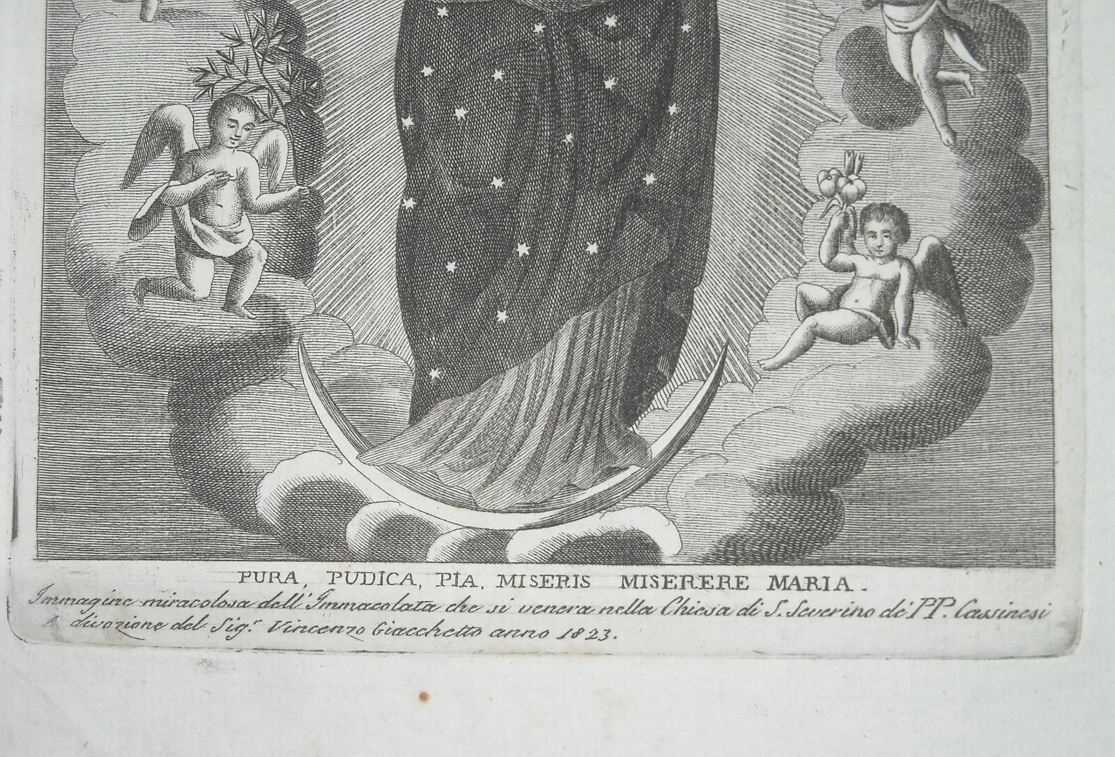 Antica Stampa Popolare Devozionale: Madonna Immacolata, Giacchetto, Padri Cassinesi