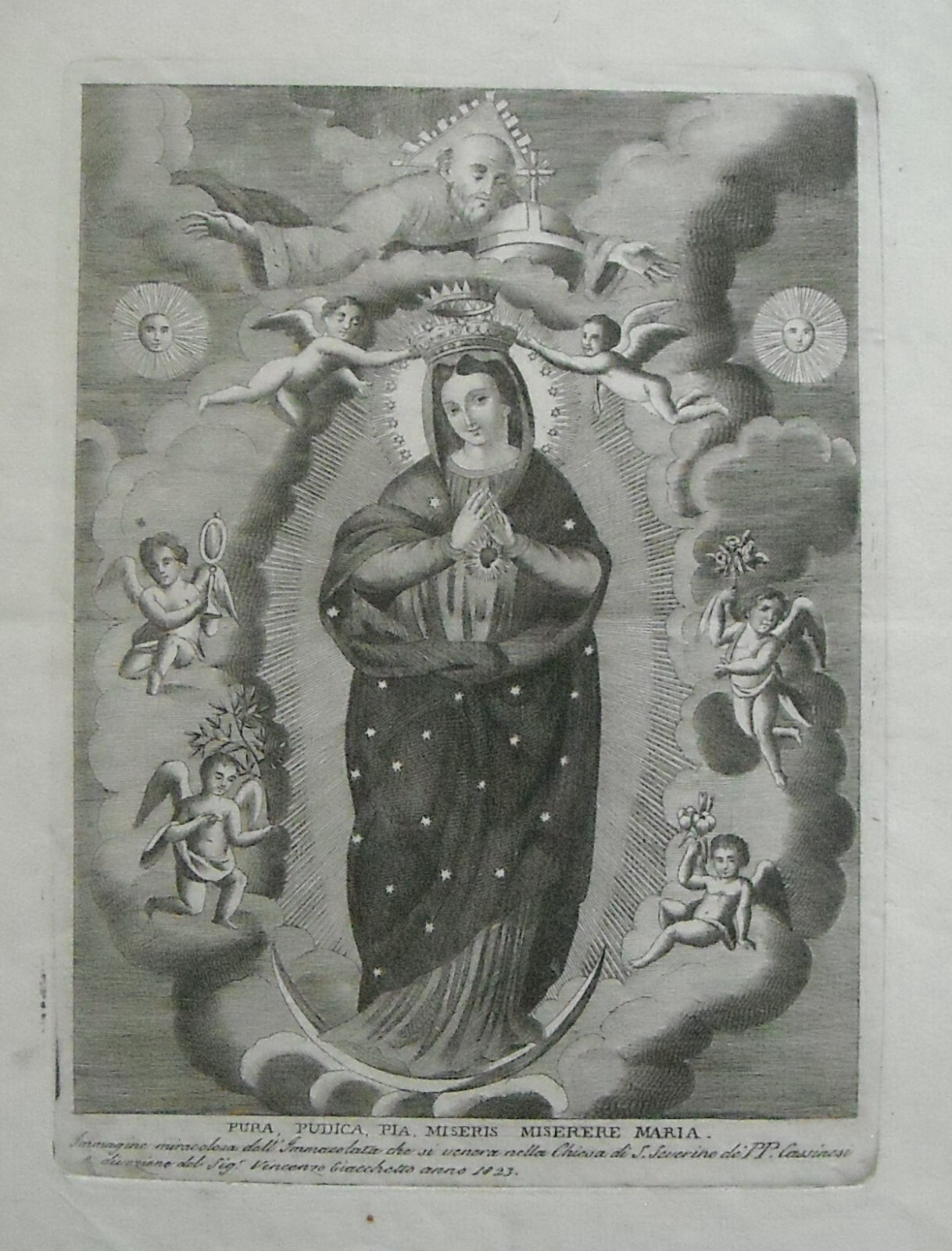 Antica Stampa Popolare Devozionale: Madonna Immacolata, Giacchetto, Padri Cassinesi