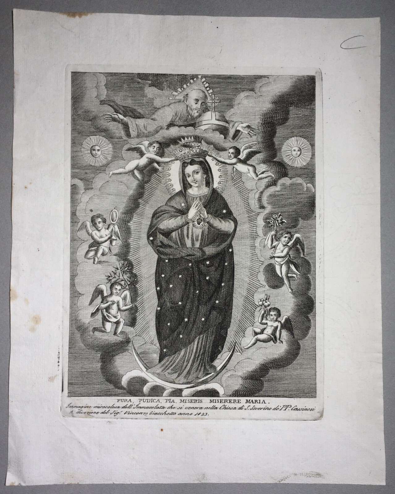 Antica Stampa Popolare Devozionale: Madonna Immacolata, Giacchetto, Padri Cassinesi