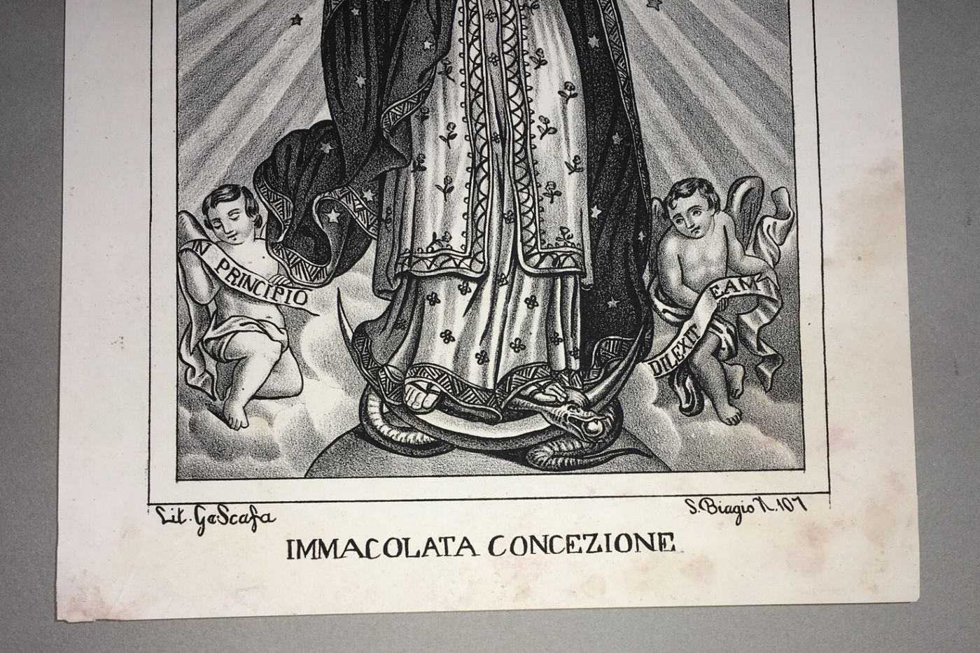 Antica Stampa Popolare Devozionale: Madonna Immacolata, Napoli, Litografia G. Scafa, XIX Secolo