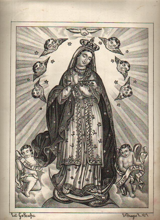 Antica Stampa Popolare Devozionale: Madonna Immacolata, Napoli, Litografia G. Scafa, XIX Secolo