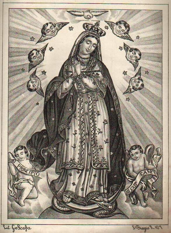 Antica Stampa Popolare Devozionale: Madonna Immacolata, Napoli, Litografia G. Scafa, XIX Secolo