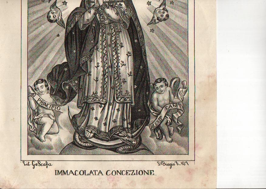 Antica Stampa Popolare Devozionale: Madonna Immacolata, Napoli, Litografia G. Scafa, XIX Secolo